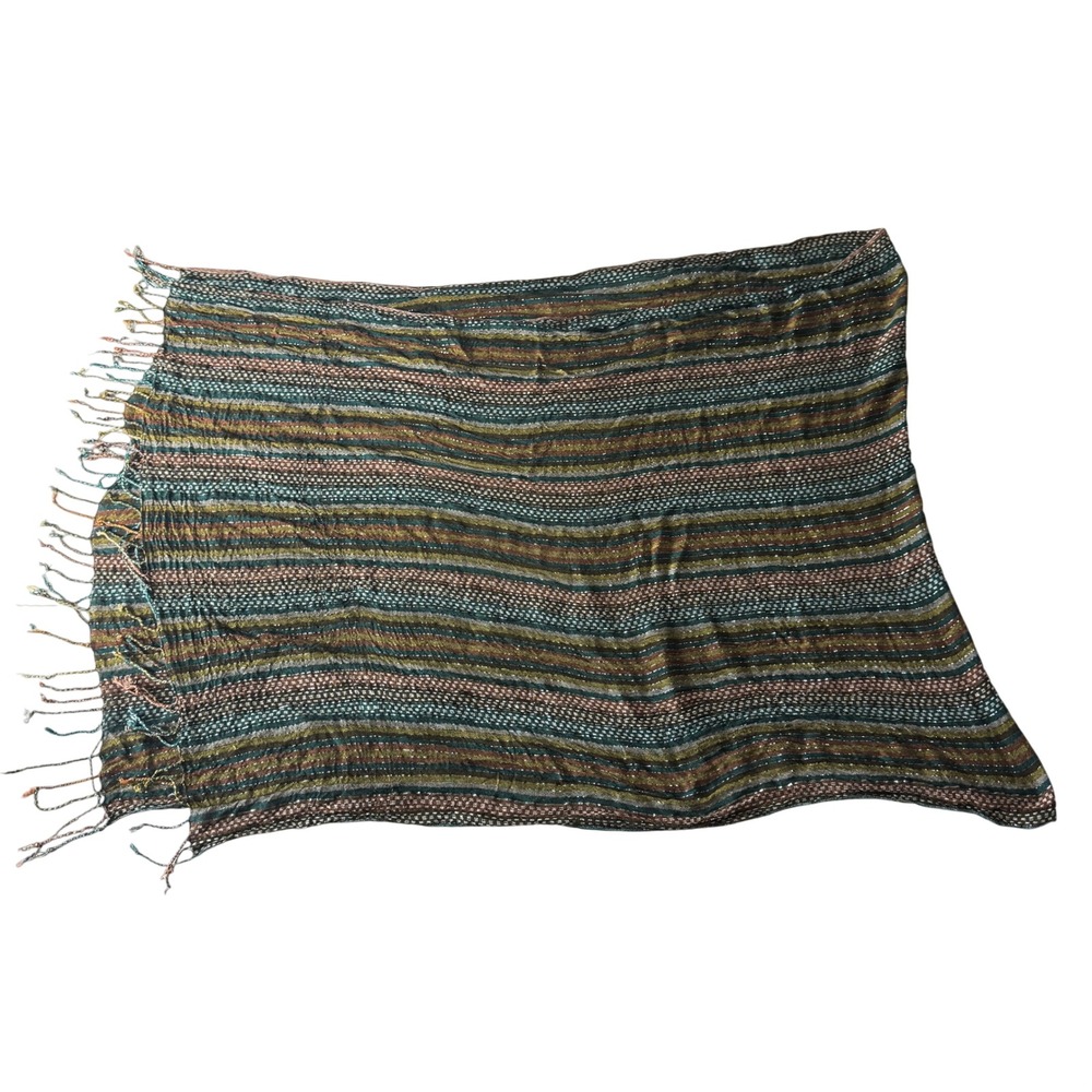 Striped Metallic Shimmer Fringe Shawl Scarf Green Brown Boho Chic Retro Artisan - Picture 2 of 8